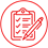 A red line drawing of a person at a podium with a microphone Description automatically generated