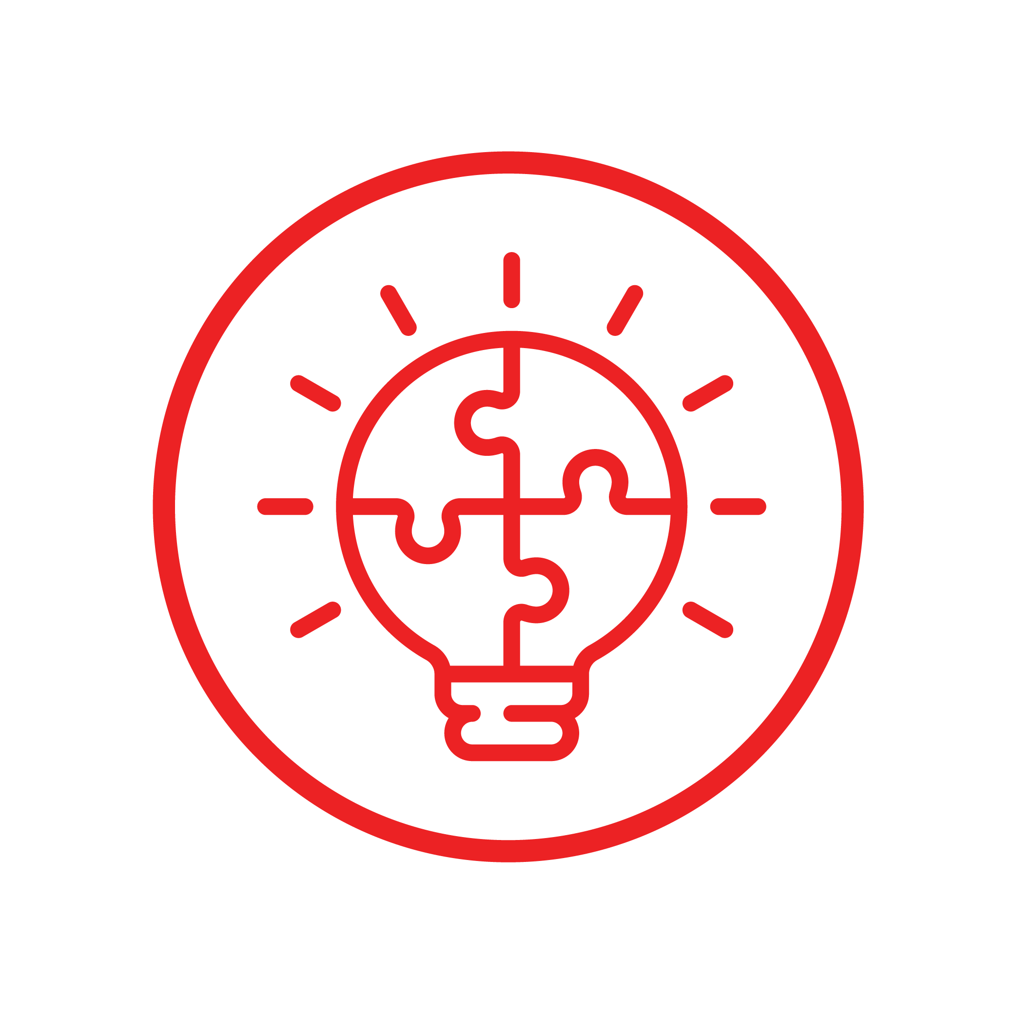 A red and white circle with a puzzle piece in the shape of a light bulb Description automatically generated